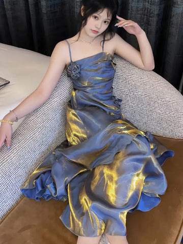 Spaghetti Straps Prom Dresses Gray Blue Party Dress SD1307